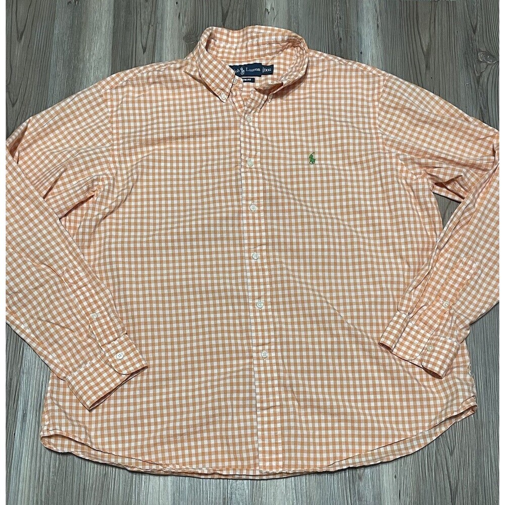 Ralph Lauren Mens Size 2XL Orange White Check L/S Button Up Shirt Custom Fit